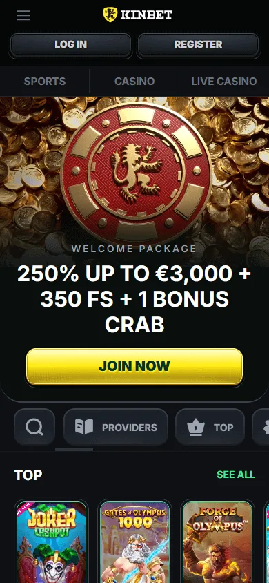 Kinbet Casino home screen on a mobile browser