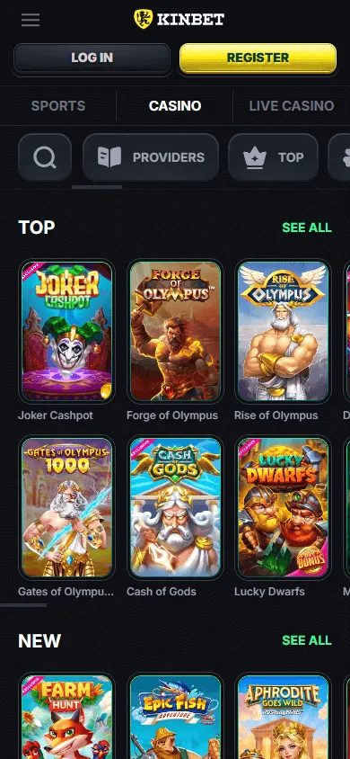 Kinbet Casino games area on a mobile browser