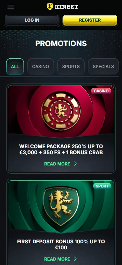 Kinbet Casino promotions area on a mobile browser