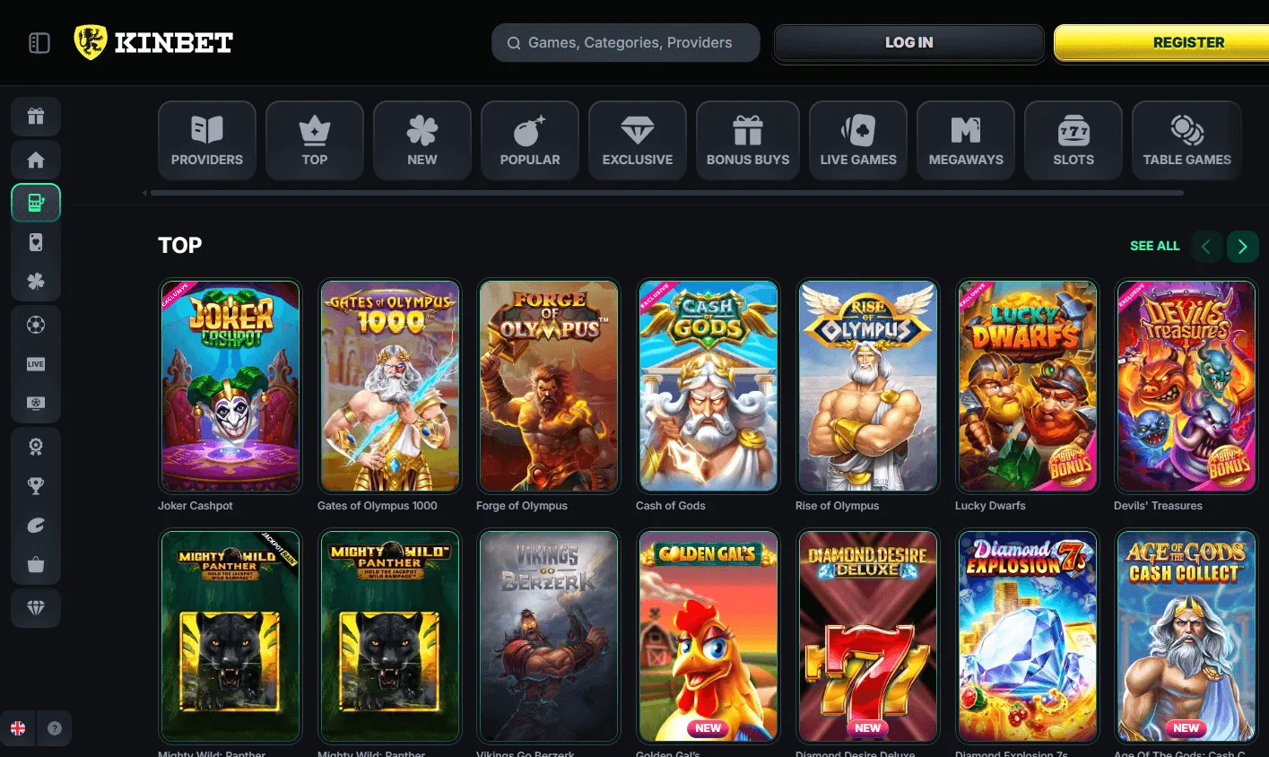Kinbet Casino desktop games area with casino categories and titles
