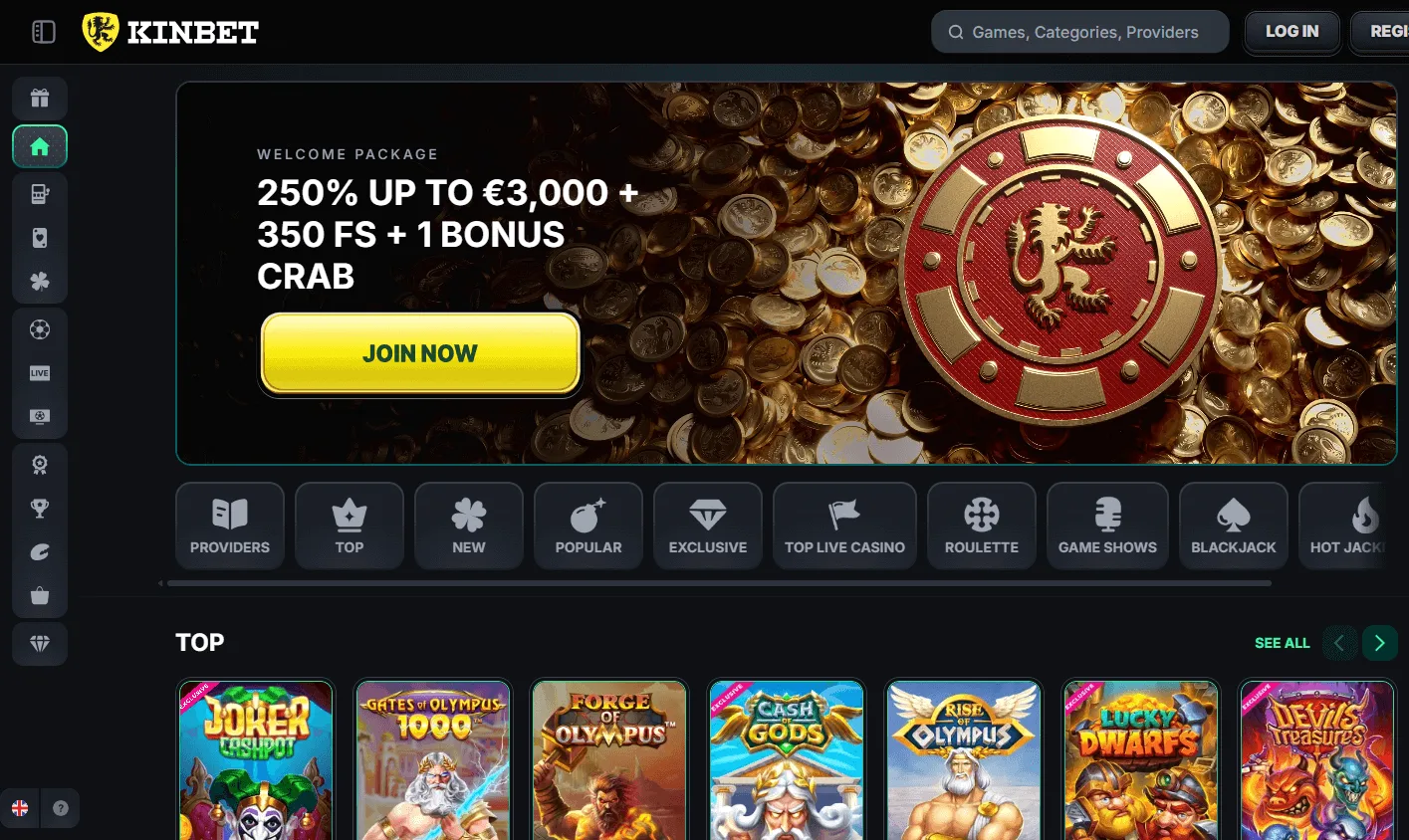 Kinbet Casino home screen on desktop with casino and betting sections