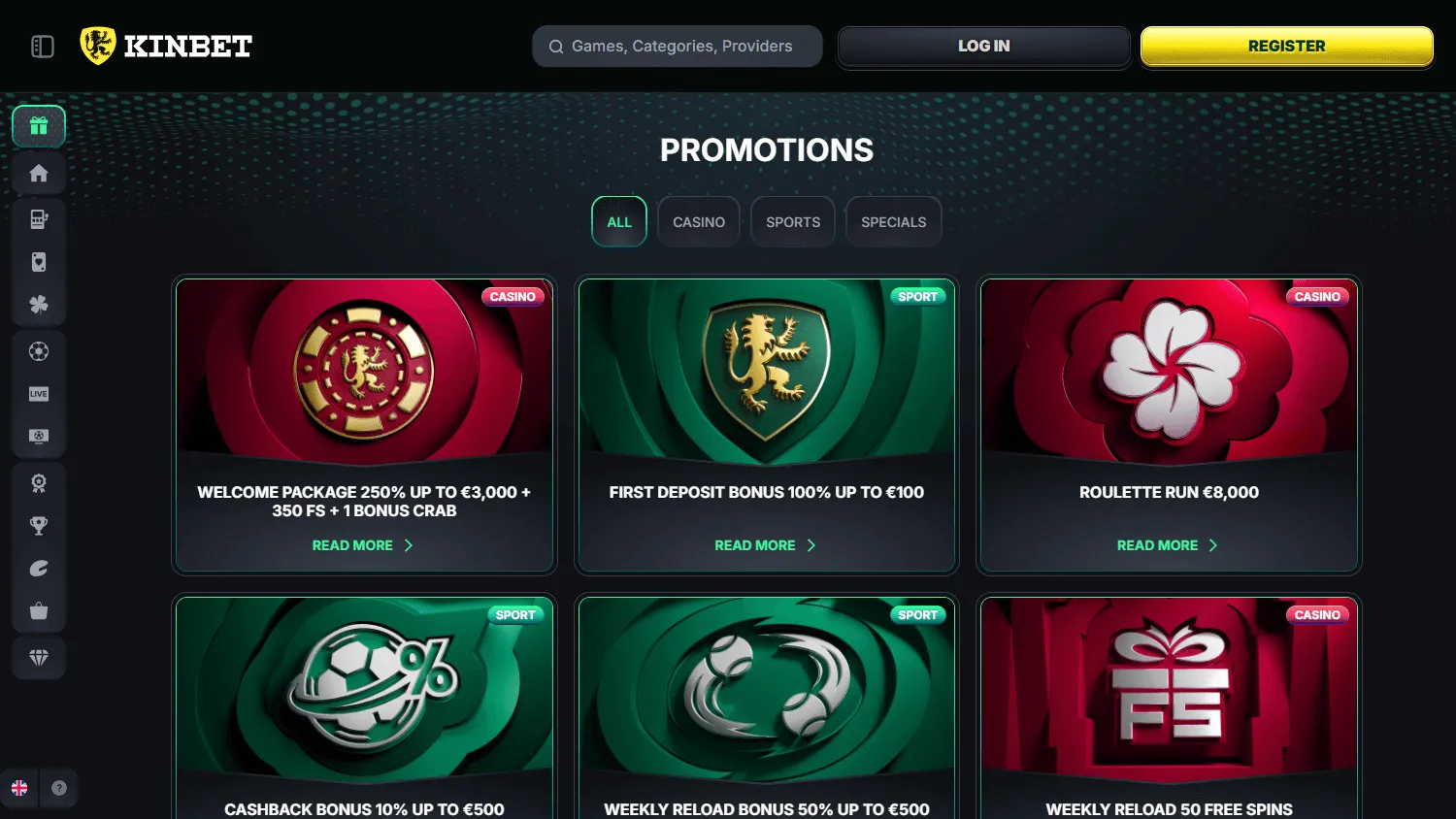 Kinbet Casino desktop promotions area with rewards and offers